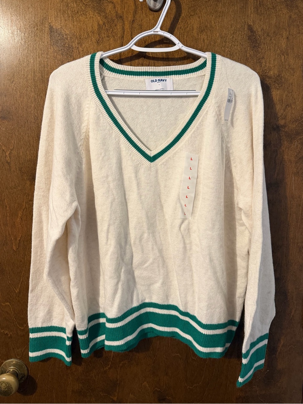 NWT Old Navy Cream V‑Neck Varsity Sweater with Green Trim